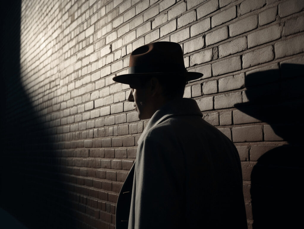 Private investigator wearing a fedora hat with a shadow cast against a brick wall.