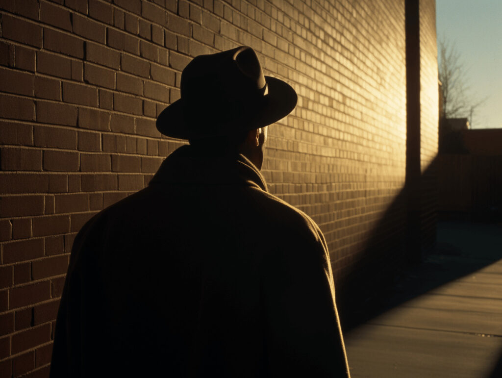 A private investigator wearing a fedora hat while looking out toward the light that casts a shadow behind him.