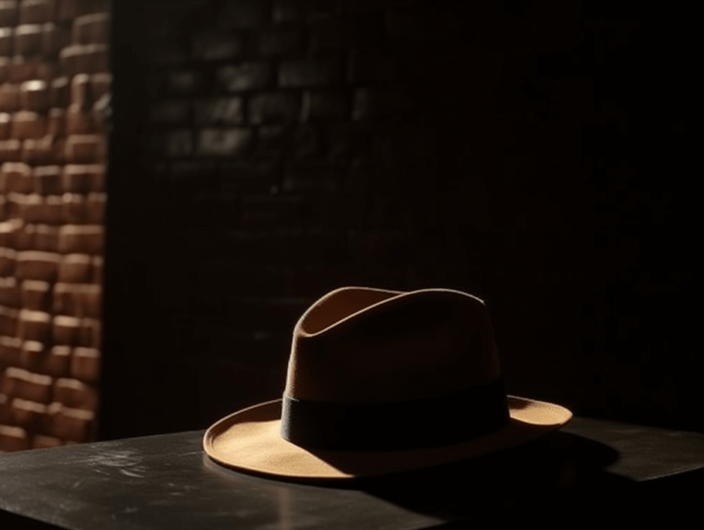 A a fedora hat on a table with shadows cast off it. 