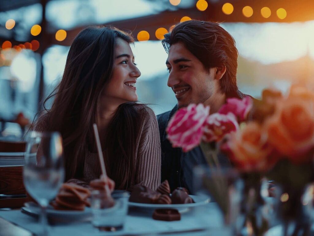 A man and woman smiling at each other affectionately while seated in a restaurant during Valentine's Day. Flowers and chocolates are seen on the table.