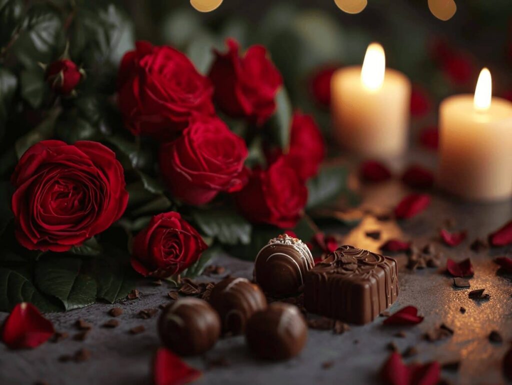 Valentine's Day Roses and chocolates on a table under candle light