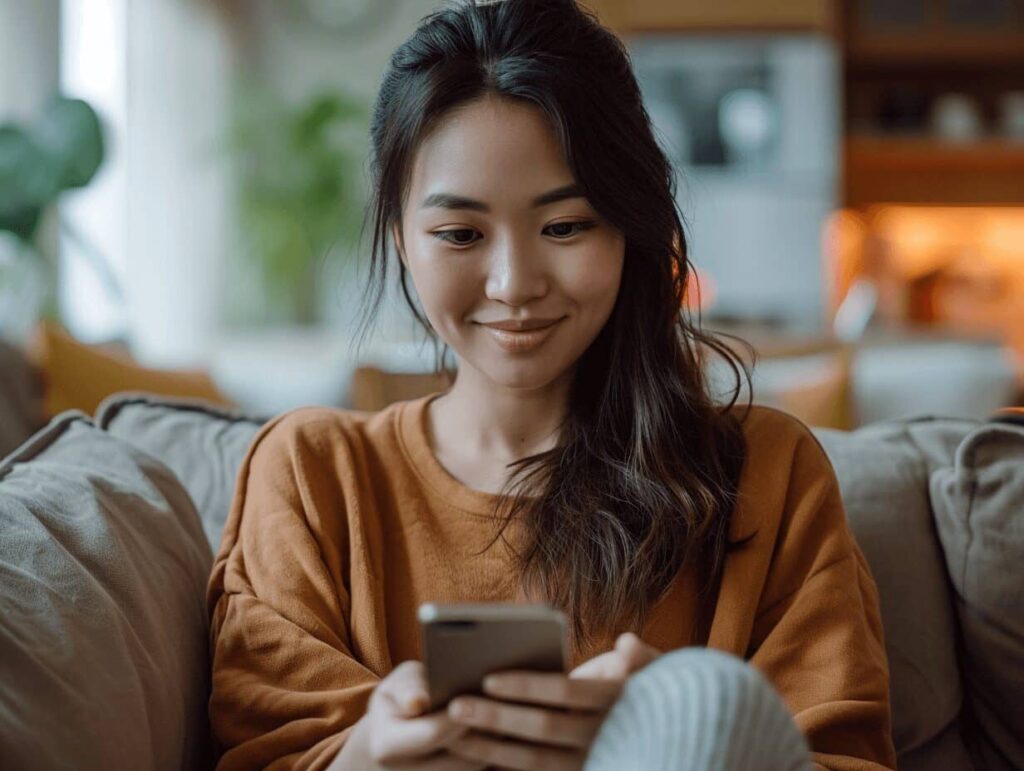 Southeast Asian Woman Safely Seated on a Couch in her home Using Dating App on a Mobile Phone