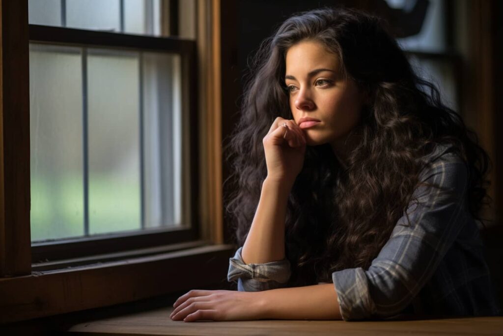 a woman Gazing Out a window concerned about confronting her spouse who had been cheating on her.