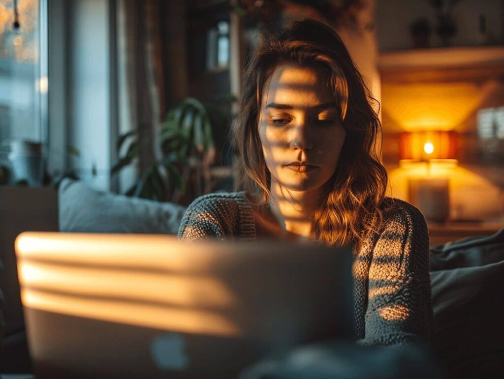 Woman Sitting Laptop Filling Out a Surveillance Intake Form