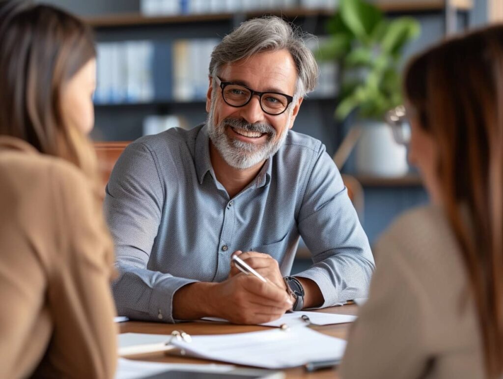 A private investigator with two clients in meeting while discussing an investigation.