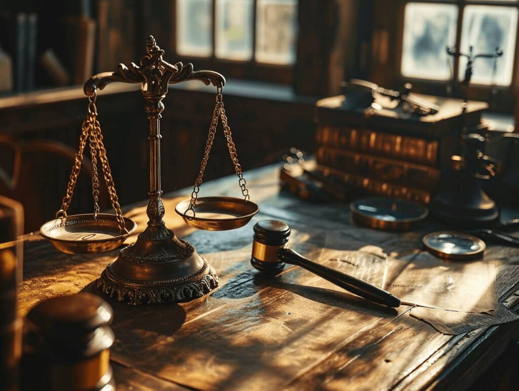 Scales of Justice, Gavel, and Law Books Showcased on a Wooden Desk