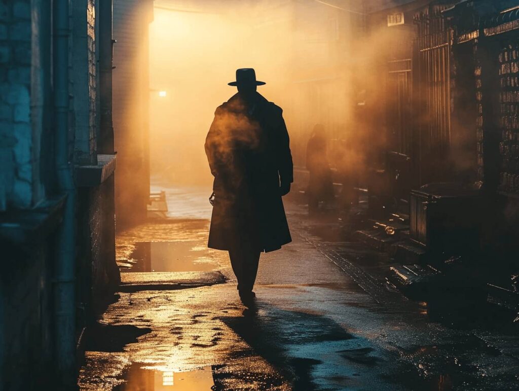 A private investigator walking through a dark laneway with shadows.