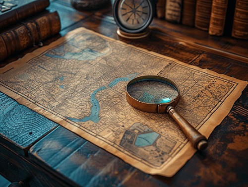 City map on a table with a magnifying glass on it