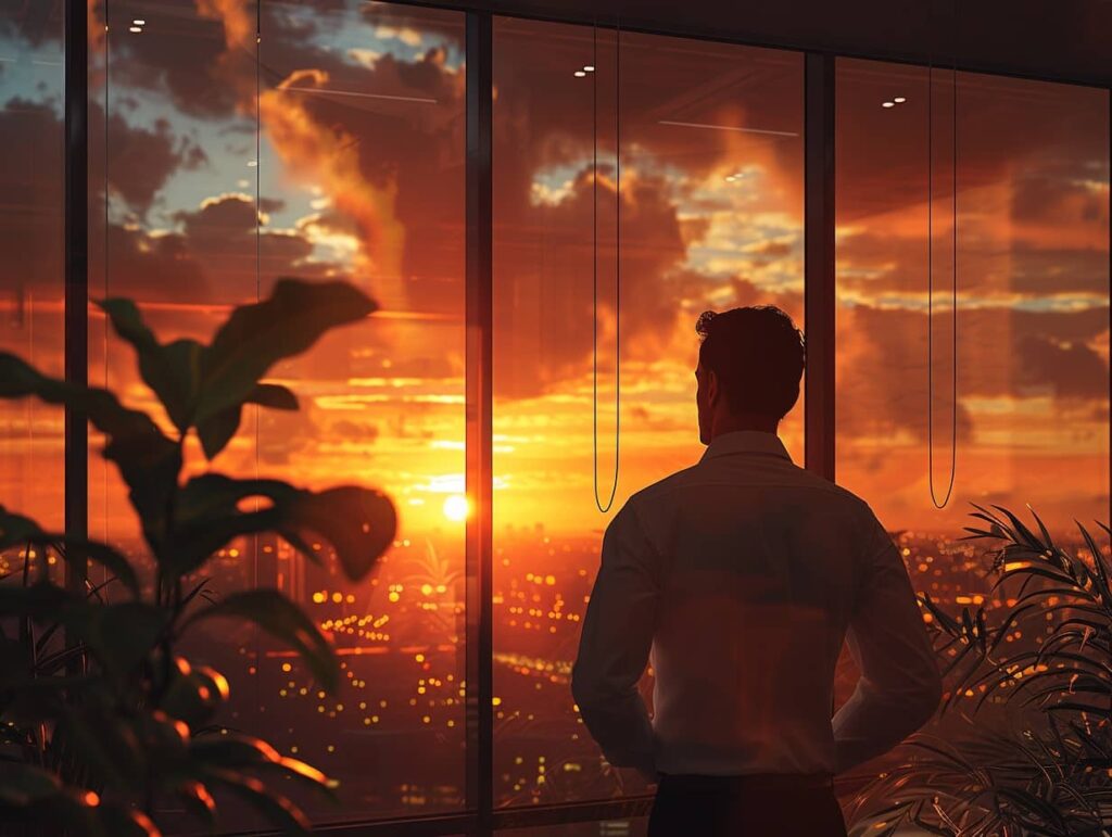 A businessman looking out the window of an office while weighing the risks, the pros and the cons of hiring a private investigator to investigate an important matter.