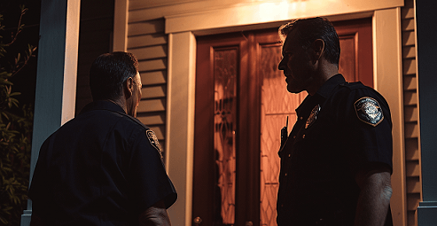 Police Officers outside a house arresting an individual for criminal stalking charges while they were following around an ex-spouse trying to investigate a case on their own.