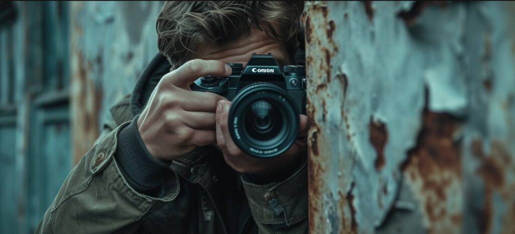 A Private Investigator Partially Concealed Around the corner of a building While Taking Video Footage Evidence of a Subject