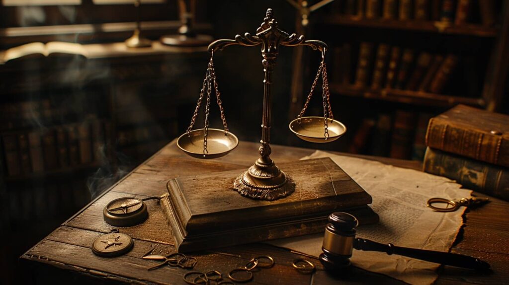 Scales of Justice with a gavel and a compass on a judge desk symbolizing the balance of legal and ethical considerations in private investigations.