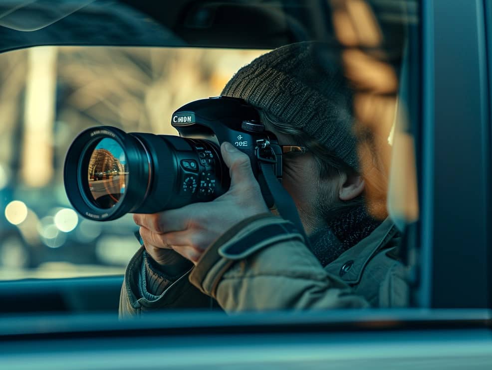 Private Investigator Lawyer Obtaining Video Footage Evidence While Seated in a Surveillance Vehicle.