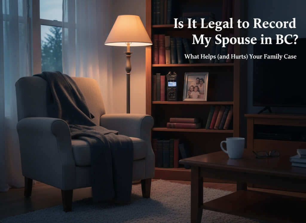 Is it Legal to Record My Spouse in BC? Key Insights for Family Law Cases 1 A recording device hidden on a shelf in a living room and " Is it legal to record my spouse in BC? What helps (and hurts) your family case " printed as a heading.