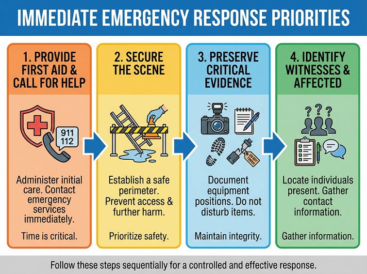WorkSafeBC Investigations Immediate Emergency Response Priorities checklist infographic