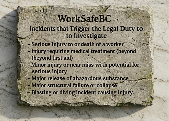 WorkSafeBC Investigations Incidents that Trigger the Legal Duty to Investigate plaque on the wall